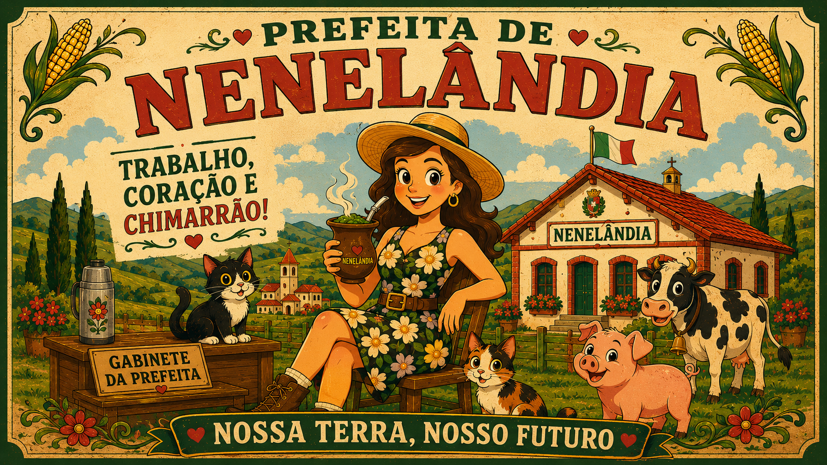 Cartaz oficial da Prefeitura de Nenelândia: a prefeita Tatá segurando uma cuia, rodeada por gato, vaca, porquinho, a sede da prefeitura e plantações de milho.